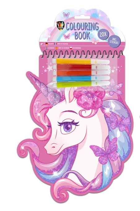 Unicorn Shaped Colouring Book for Kids, 5 Sketch Pens and Sticker Sheet, Unicorn Activity Colouring Kit, Art Set Gift for Children