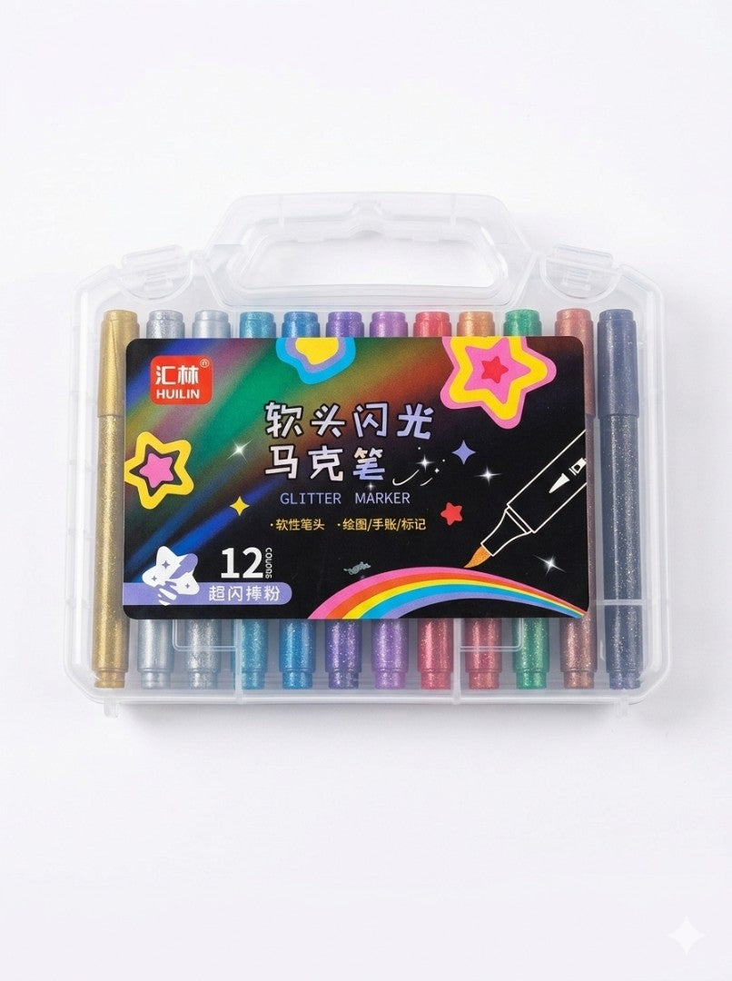 12 Colors Dual Tip Glitter Gel Pens | Double-Ended Fine Point & Glitter Brush Markers for Coloring Books | Rock Painting, Card Making, Scrapbooking, Black Paper Art