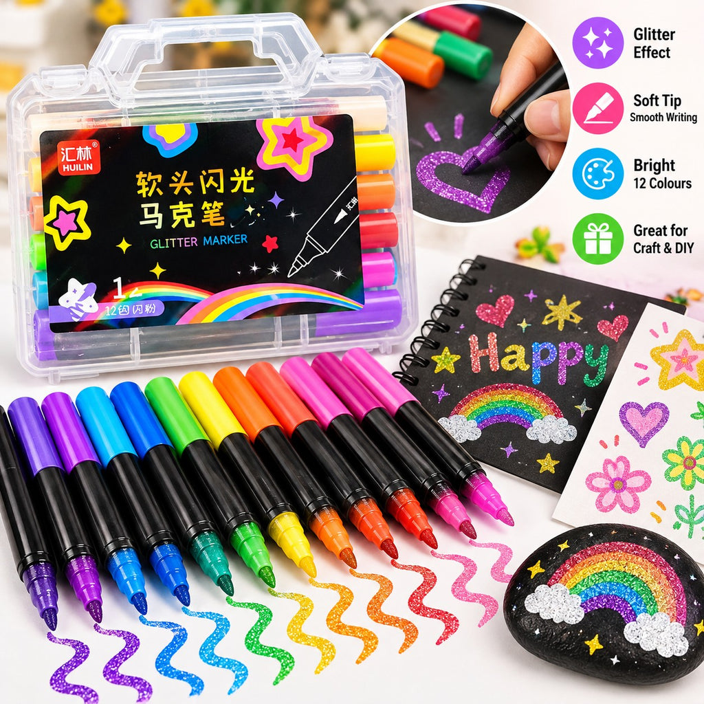 12 Colors Dual Tip Glitter Gel Pens | Double-Ended Fine Point & Glitter Brush Markers for Coloring Books | Rock Painting, Card Making, Scrapbooking, Black Paper Art