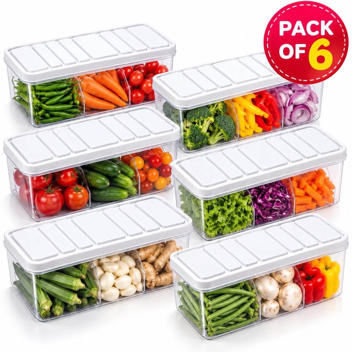 Set of 6 Food Storage Containers Plastic - Transparent Kitchen Storage Boxes with Lid, Stackable Fridge Organizer for Vegetables, Fruits & Grocery Storage