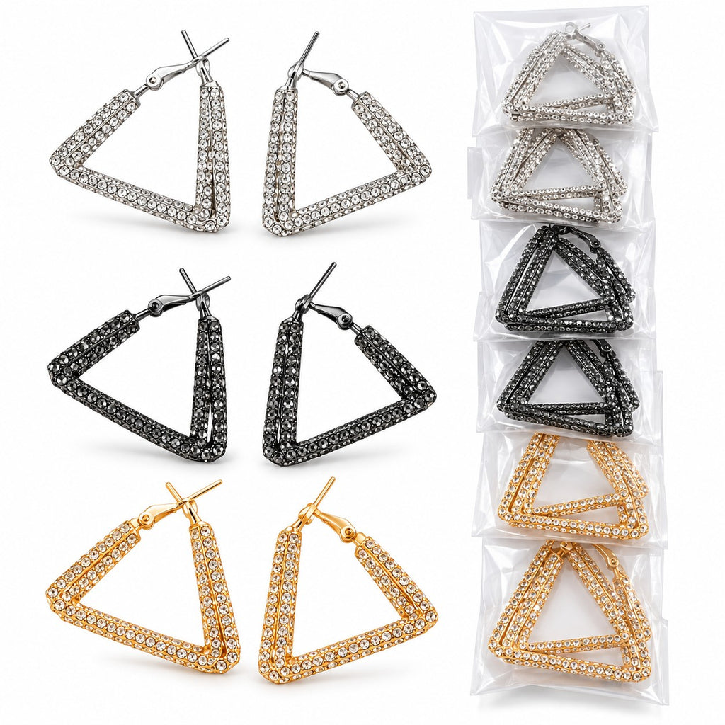 3 Layer TRIANGLE with Design Non-precious Metal 4CM Hoops Earrings for Women & Girls