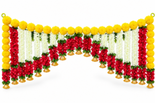 Artificial Marigold & Rose Flower Door Toran with White Jasmine Garlands & Hanging Tassels | Decorative Bandhanwar for Home Entrance, Pooja Room, Decoration {3 Feet}