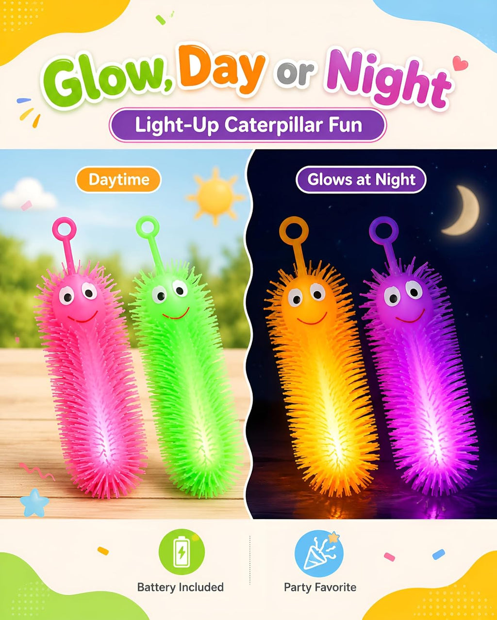 NUOBESTY  Glowing Caterpillar Toys, Luminous Squeeze Puffer Worms