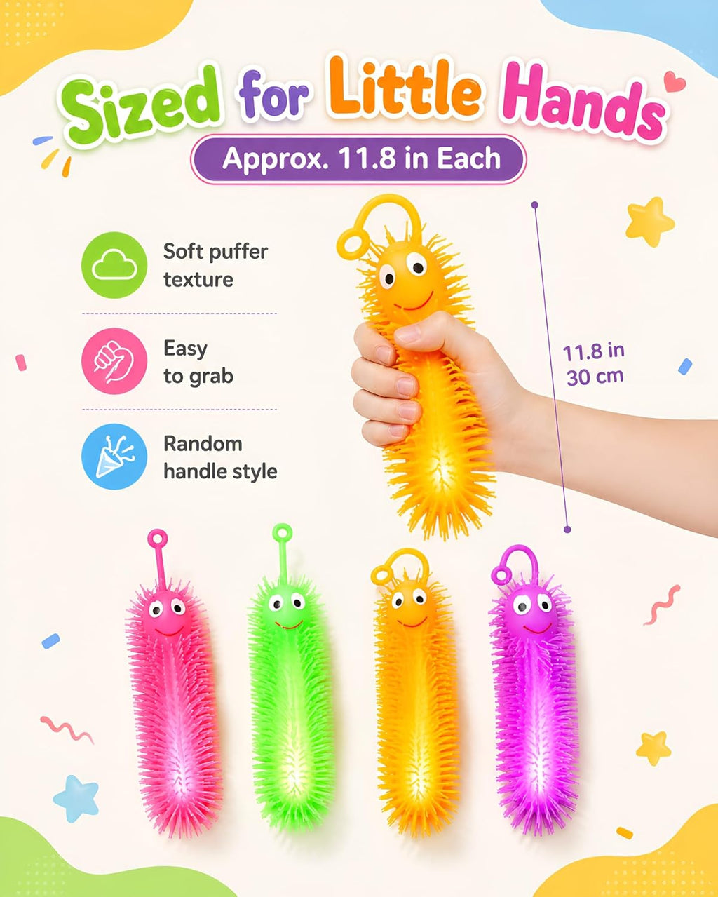 NUOBESTY  Glowing Caterpillar Toys, Luminous Squeeze Puffer Worms
