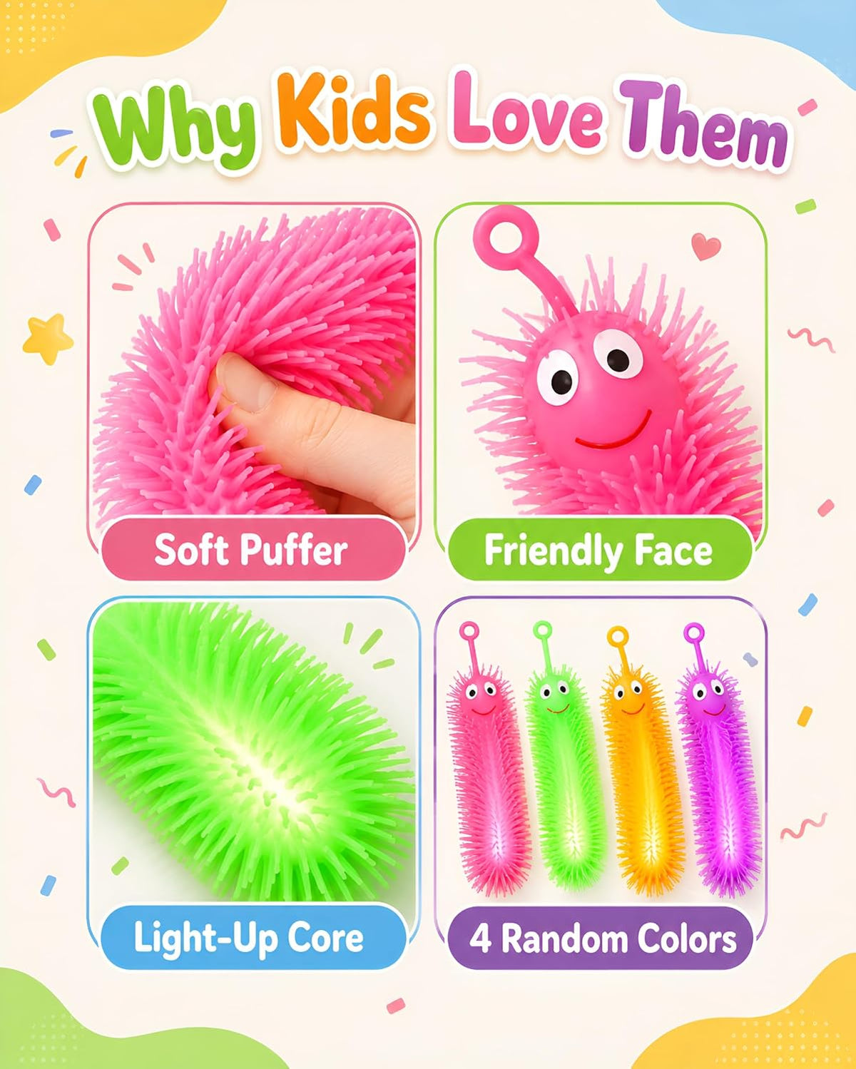 NUOBESTY  Glowing Caterpillar Toys, Luminous Squeeze Puffer Worms