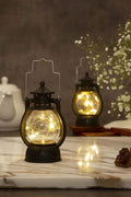 {1 PCS} Vintage LED Hurricane Lantern–Decorative Table Lamp with Fairy Lights, Portable Hanging Metal Finish Lantern for Home Decor, Patio, Camping, and Power Outages (Black)