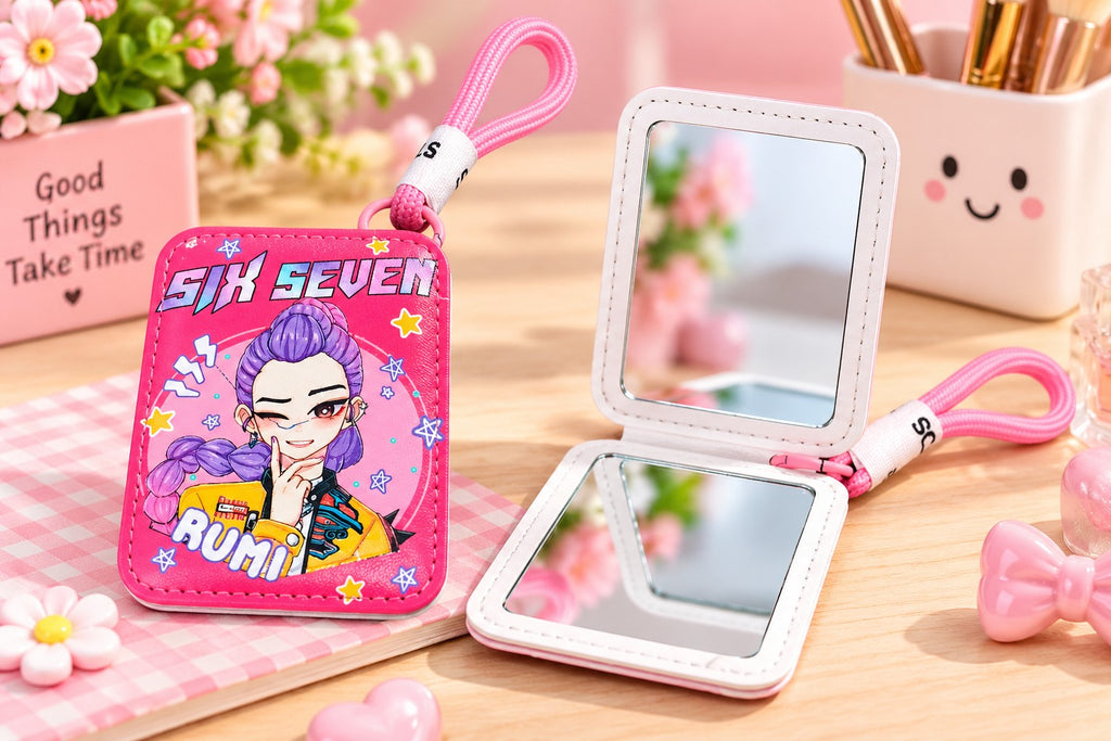 Compact Foldable Pocket Makeup Mirror, Pink, Cute Cartoon Design  Portable Vanity Mirror for Women