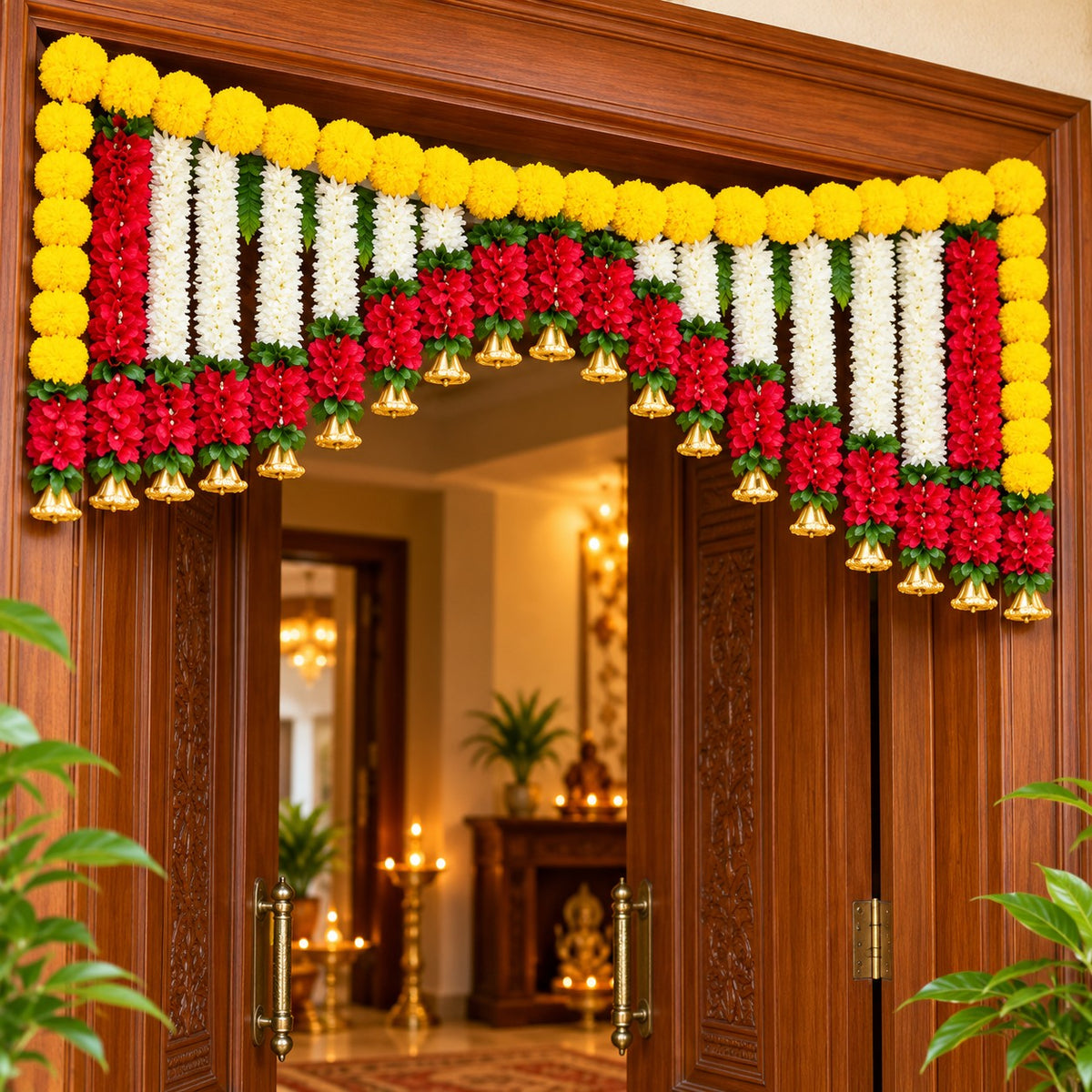 Artificial Marigold & Rose Flower Door Toran with White Jasmine Garlands & Hanging Tassels | Decorative Bandhanwar for Home Entrance, Pooja Room, Decoration {3 Feet}