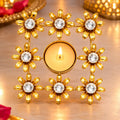 Golden Crystal Flower Metal Tealight Candle Holder | Decorative Table Centrepiece for Home, Diwali & Wedding Décor