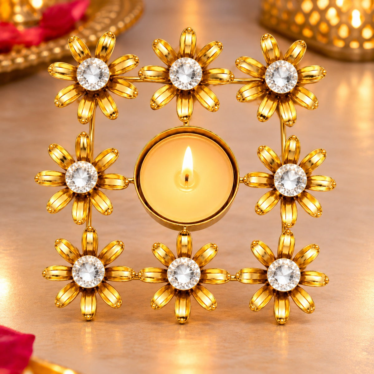 Golden Crystal Flower Metal Tealight Candle Holder | Decorative Table Centrepiece for Home, Diwali & Wedding Décor
