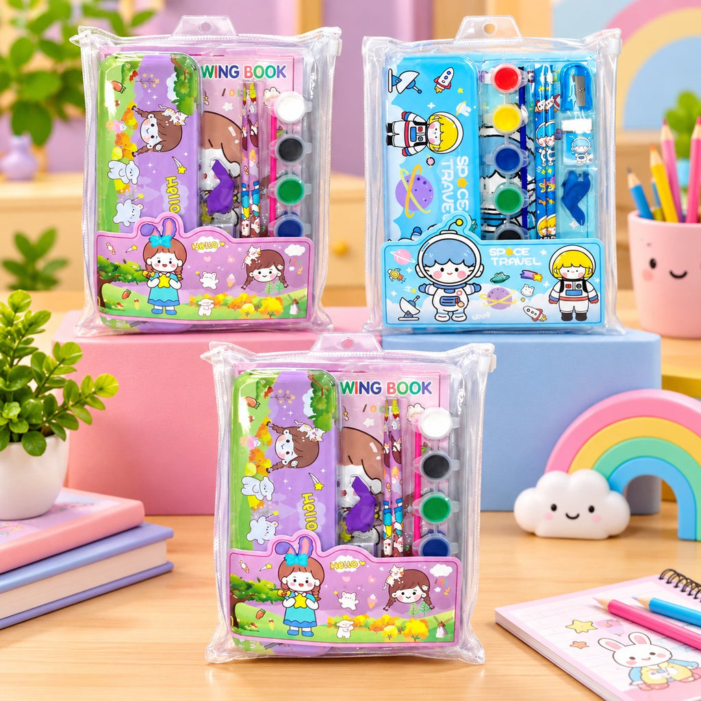 8 In 1 Cartoon Print Stationery Set 1 Compass 2 Pencils 1 Eraser 1 Sharpener 1 Paint Brush 1 Water Color 1 Cap for Kids