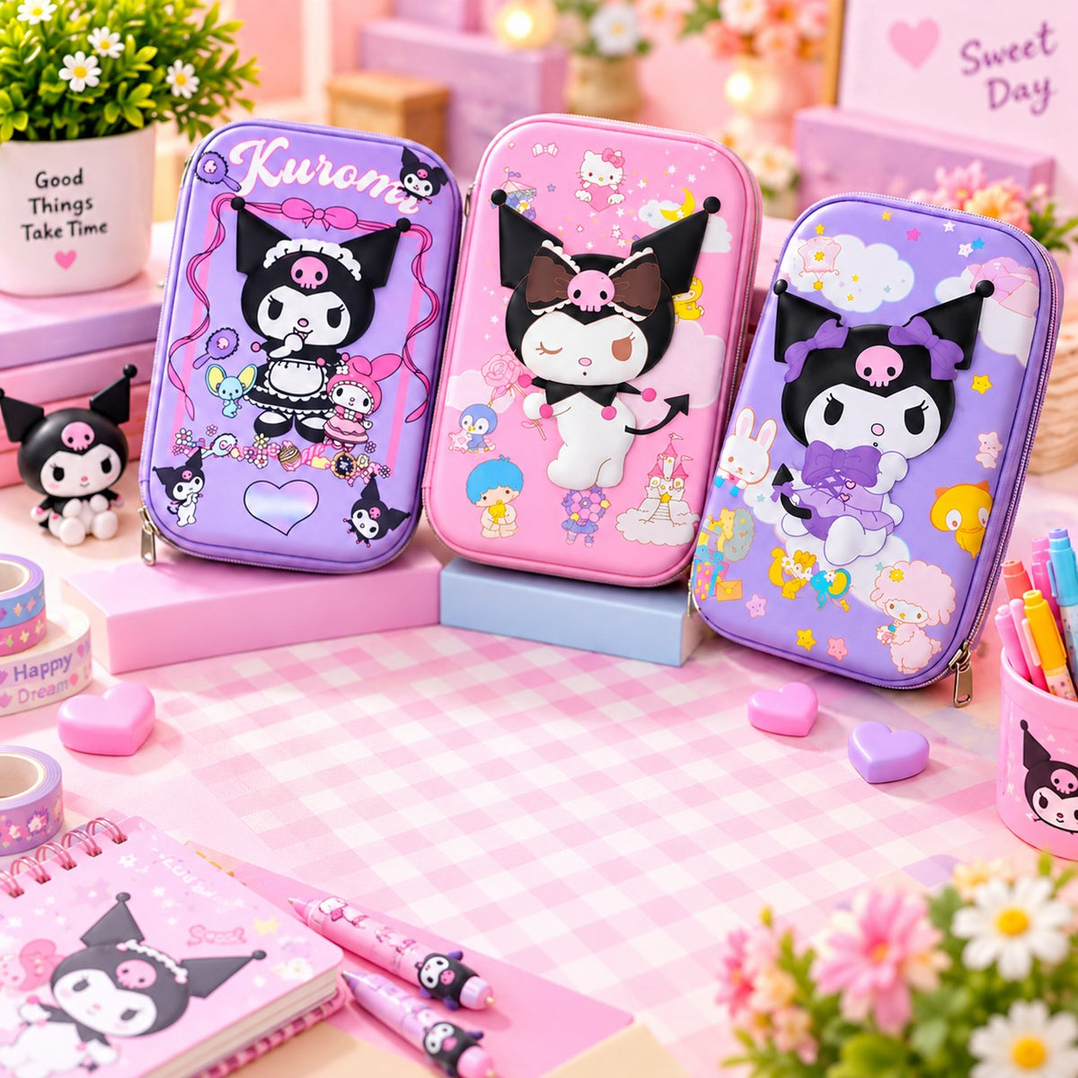Kuromi 3D EVA Large Pencil Pouch for Girls Big Capacity Stationery Case with Zipper Mesh Pocket & Pen Holders Anime Art EVA Pencil Box {Random Design}