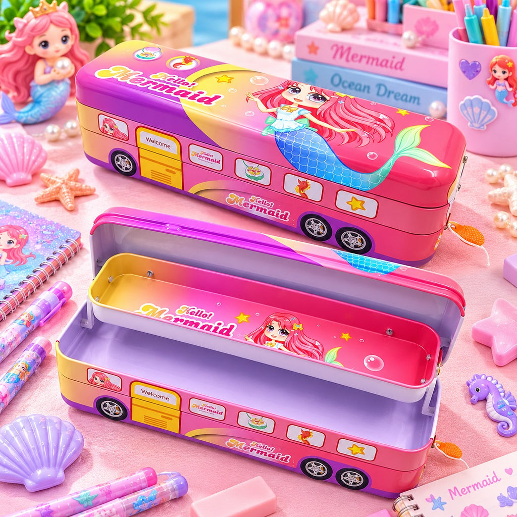 Random Design School Bus Metal Pencil Box for Kids