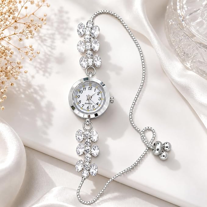 Women's Crystal Flower Quartz Hand Chain Bracelet Watch,Silver