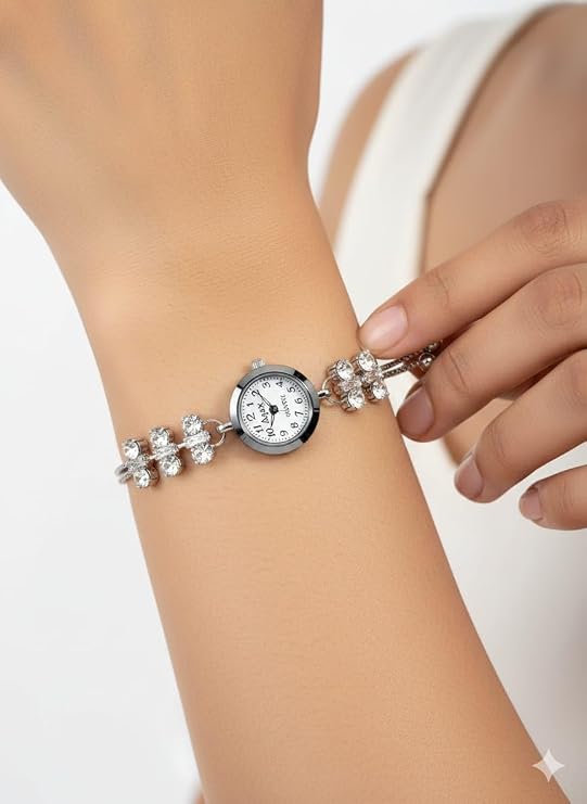 Women's Crystal Flower Quartz Hand Chain Bracelet Watch,Silver