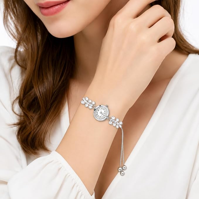 Women's Crystal Flower Quartz Hand Chain Bracelet Watch,Silver
