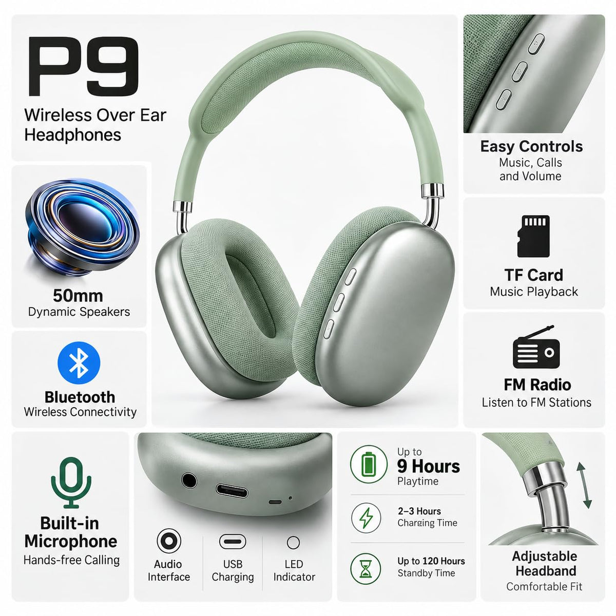P9 Bluetooth Wireless Over Ear Headphones with Mic, 50mm HiFi