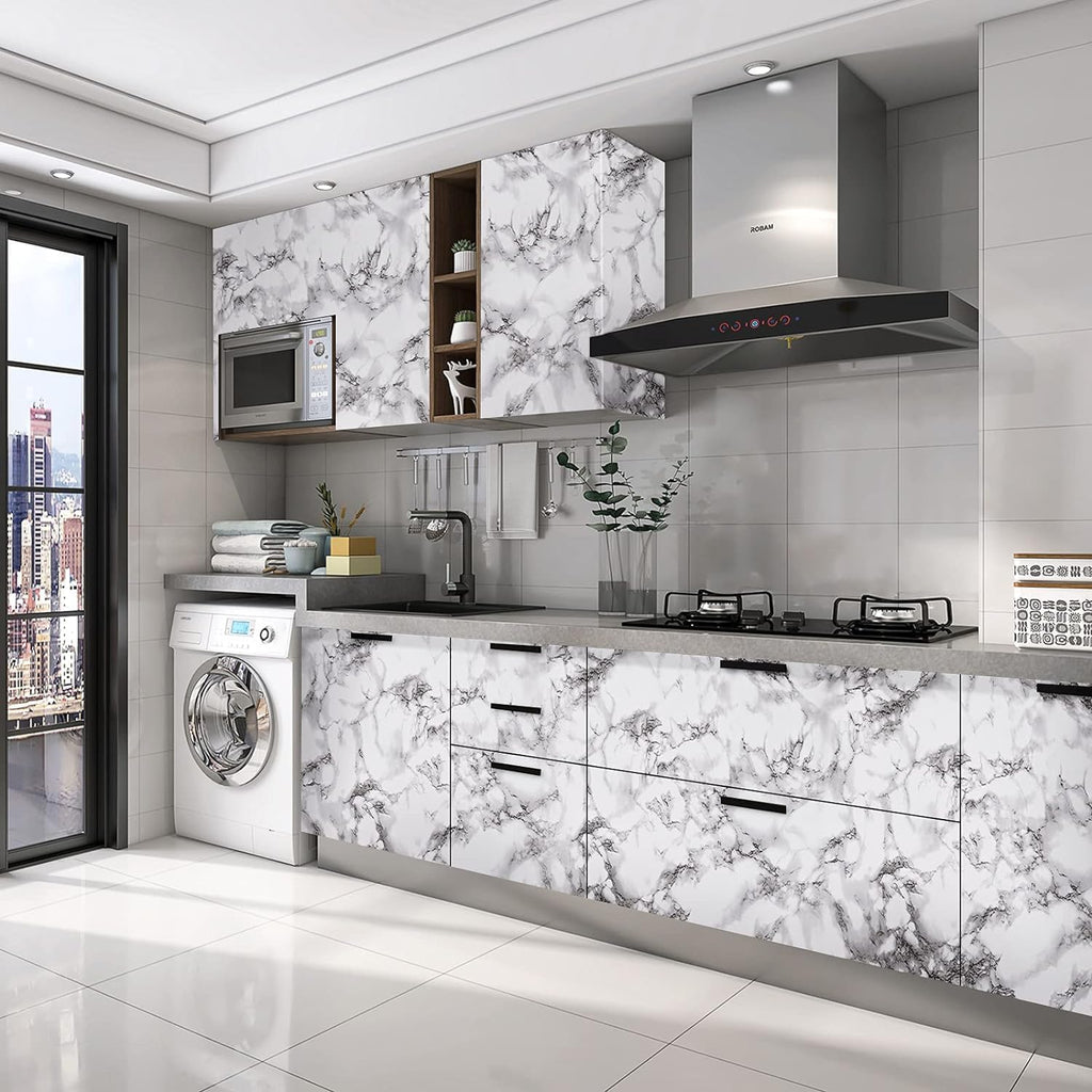 Black & White Kitchen Wallpaper Oil Proof,Wall Stickers for Kitchen Anti-Mold & Heat Resistant Wallpaper DIY Vinyl Marble Wallpaper Peel and Stick Wallpaper for Home Kitchen Countertop-