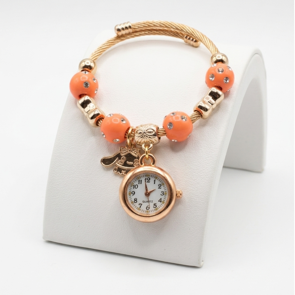 Bracelet Watch for Girls and Ladies | Gift Item| Golden steel Beaded Adjustable Quartz Watch Bangle Jewellery Friendship Bracelet {Random Design} - 20658