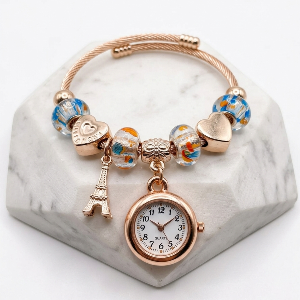 Bracelet Watch for Girls and Ladies | Gift Item| Golden steel Beaded Adjustable Quartz Watch Bangle Jewellery Friendship Bracelet {Random Design} - 20658