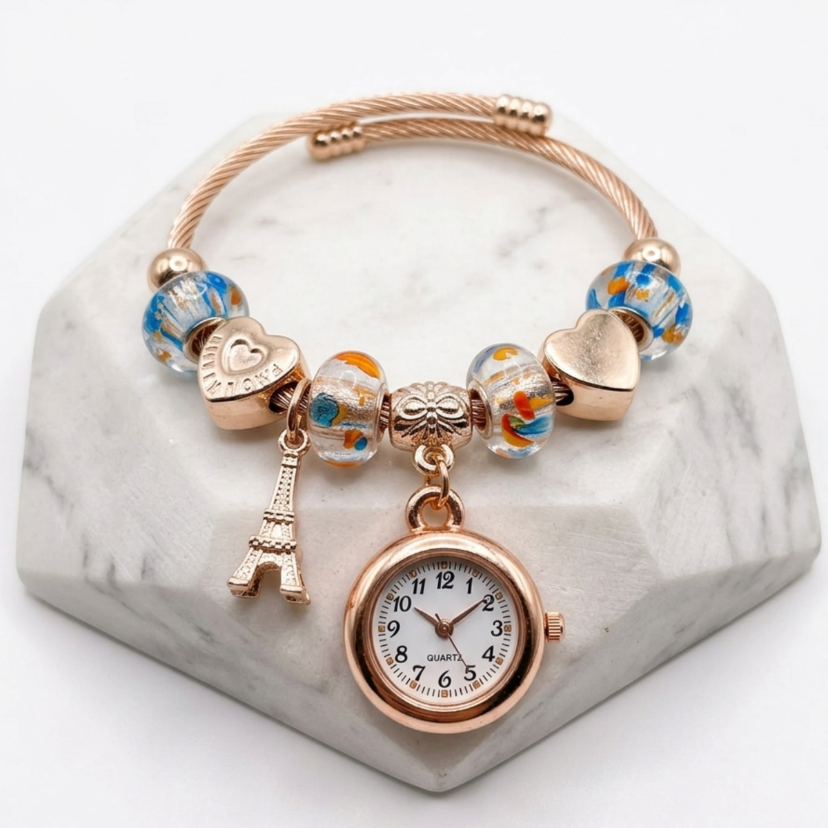 Bracelet Watch for Girls and Ladies | Gift Item| Golden steel Beaded Adjustable Quartz Watch Bangle Jewellery Friendship Bracelet {Random Design} - 20658