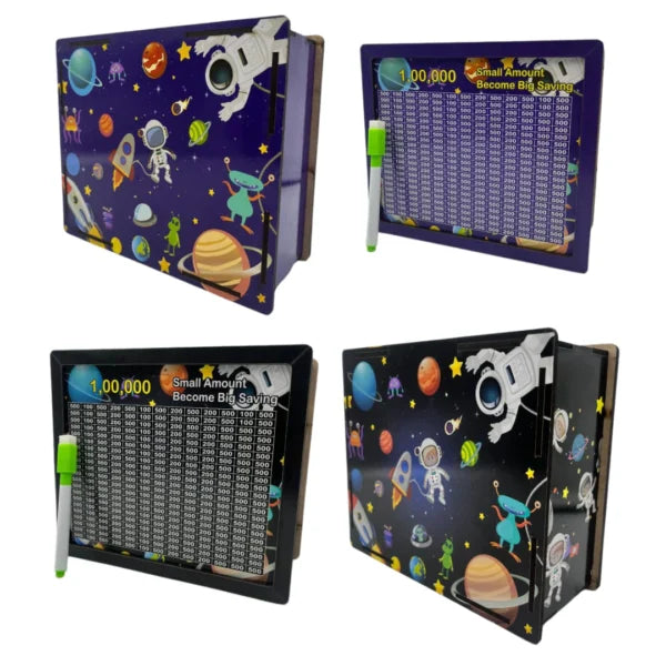 Wooden Space Money Box with Saving Tracker। 1 lakh Goal Piggy Bank for Kids and Adults - 10681