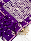 Premium Royal Purple Satin Saree | Handcrafted Paithani-Inspired Floral & Geometric Work | Rich Contrast Pallu
