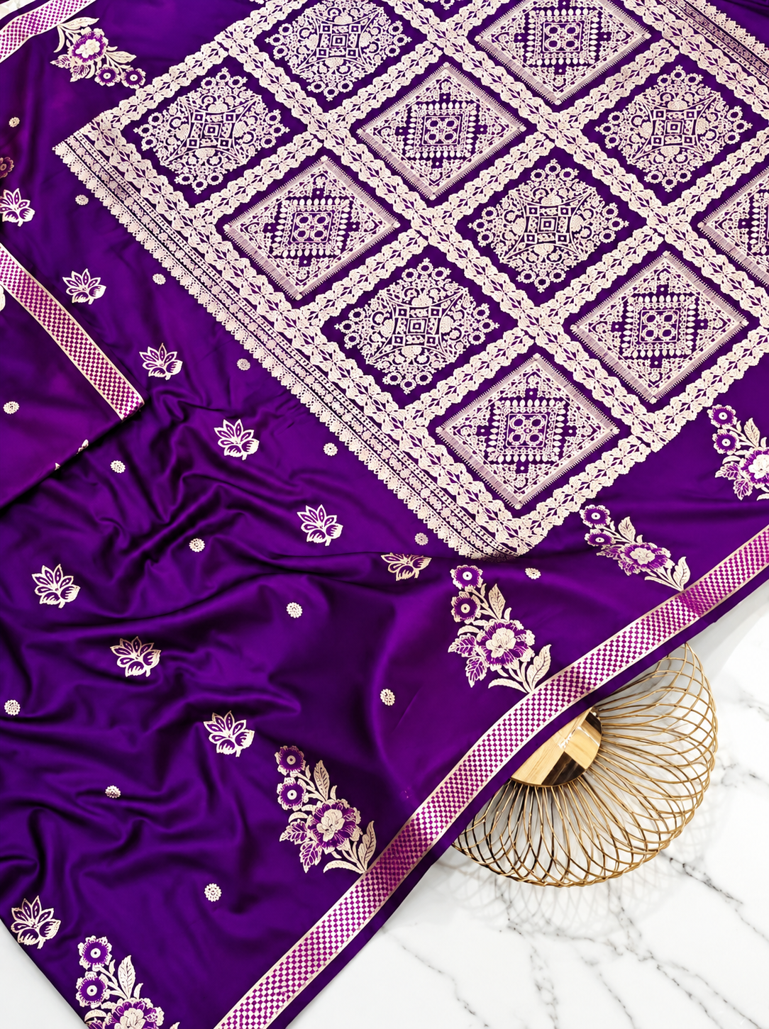 Premium Royal Purple Satin Saree | Handcrafted Paithani-Inspired Floral & Geometric Work | Rich Contrast Pallu