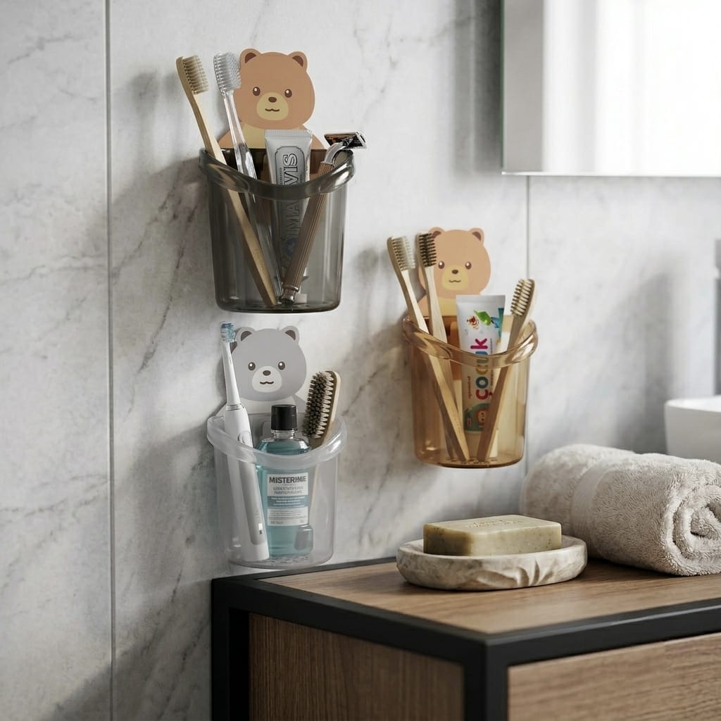 Toothbrush Holder Wall-Mounted Suction Cup Cute Bear Storage Cup - 10824