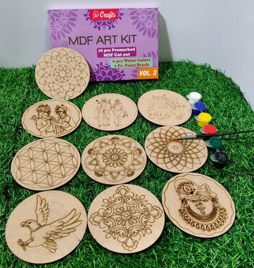 (10 PCS) DIY MDF Art Kit with 10 Pre-Marked Round Coasters, 6 Water Colors & Paint Brush | Wooden Painting Craft Kit for Kids & Adults - 20967