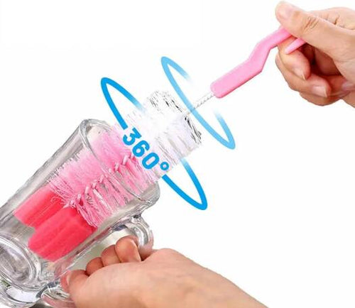 (set of 2) 1 big 1 small Nylon Bottle Brush with Nipple Cleaner | 360° Rotating Handle | High-Density Soft Bristles | BPA Free | Scratch-Free Cleaning | Non-Toxic | Easy Grip (Multicolour) - 21046