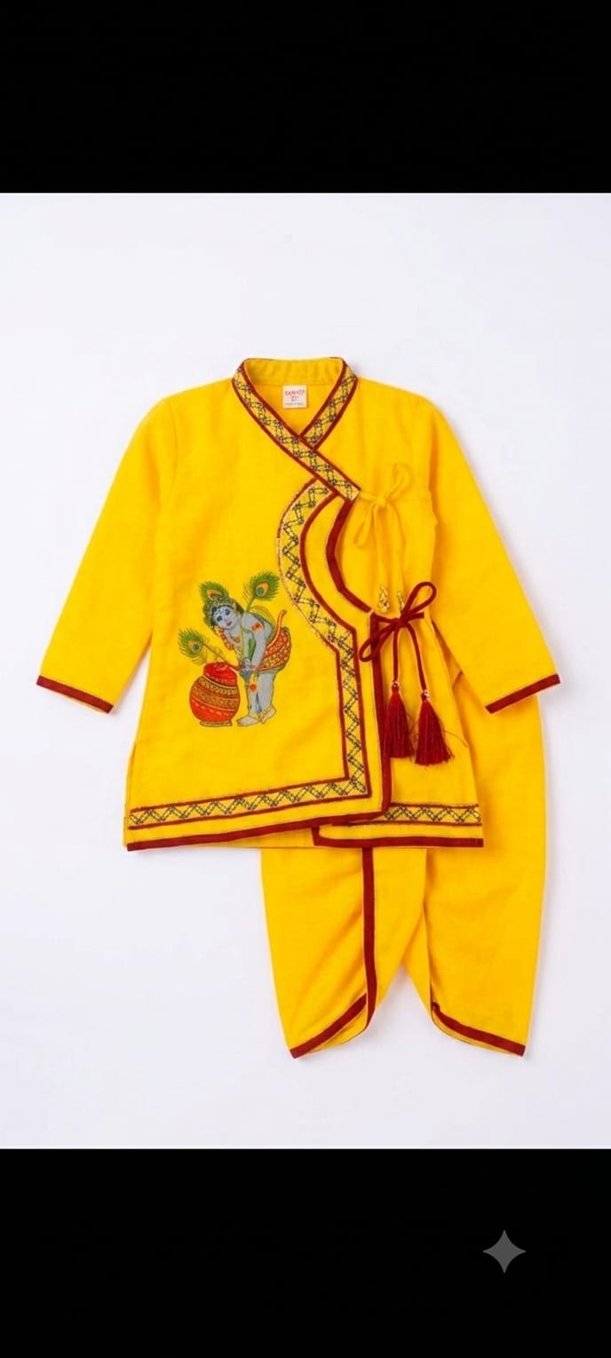 Baby Boy Krishna Traditional Yellow Kurta Dhoti Set with Bal Krishna Print – Festive Ethnic Wear - 21066