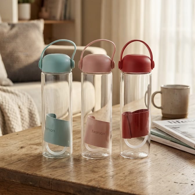 Premium Glass Water Bottle with Handle | Leakproof BPA Free Drinking Bottle | Portable Water Flask for Office, Gym & Travel {Random Color} - 20733