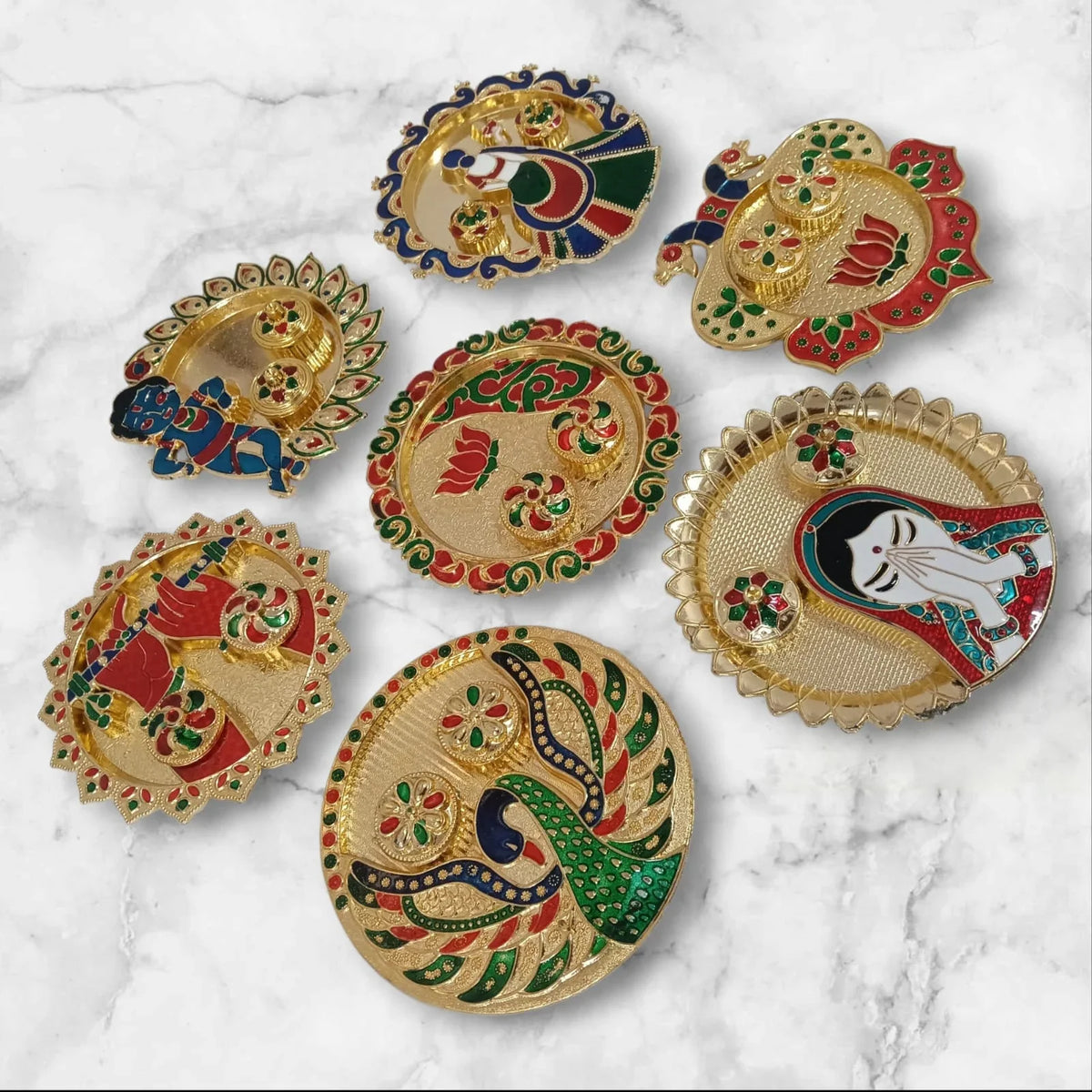 Traditional Handcrafted Gold Plated Plastic Thali Haldi kumkum Chandhan Holder Plate with Lid for Pooja {Random Design} - 11351