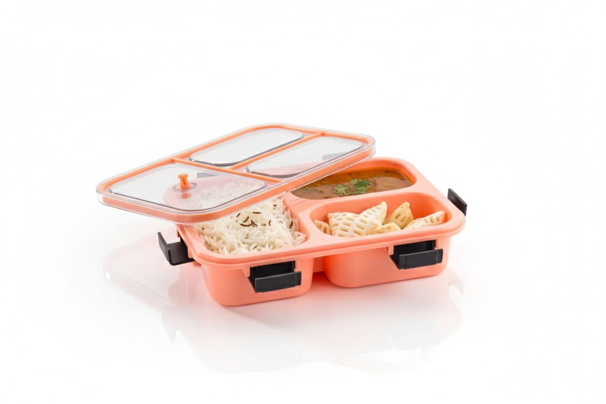 3 Compartment Transparent Lid Tiffin Lunch Box | Silicone Seal Ring | For Kids And Adults Office Women And Men - 10512