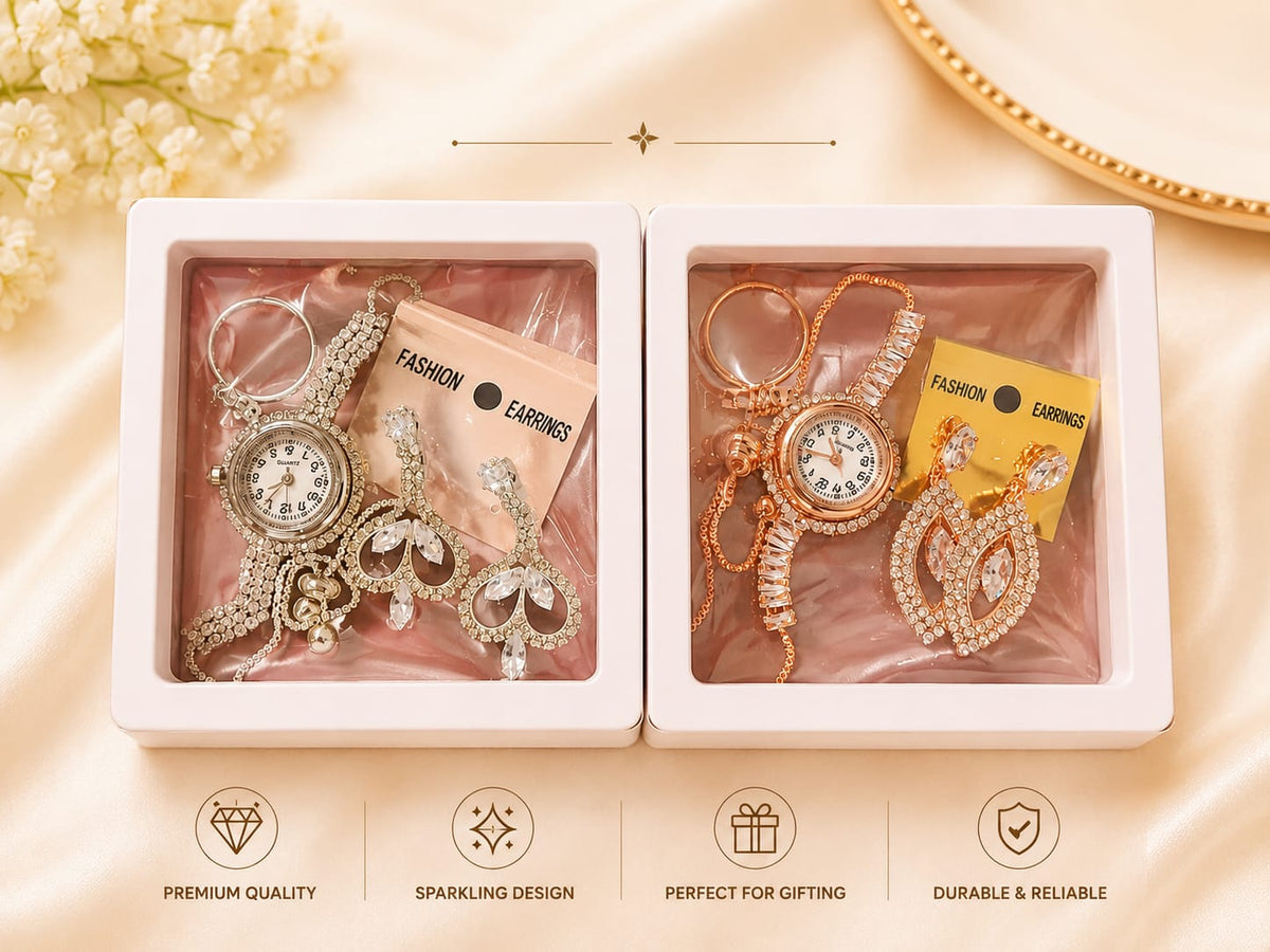 Watch, earrings, ring combo Analog Watch  - For Girls Golden/Silver/watch Earring/Set - 20825