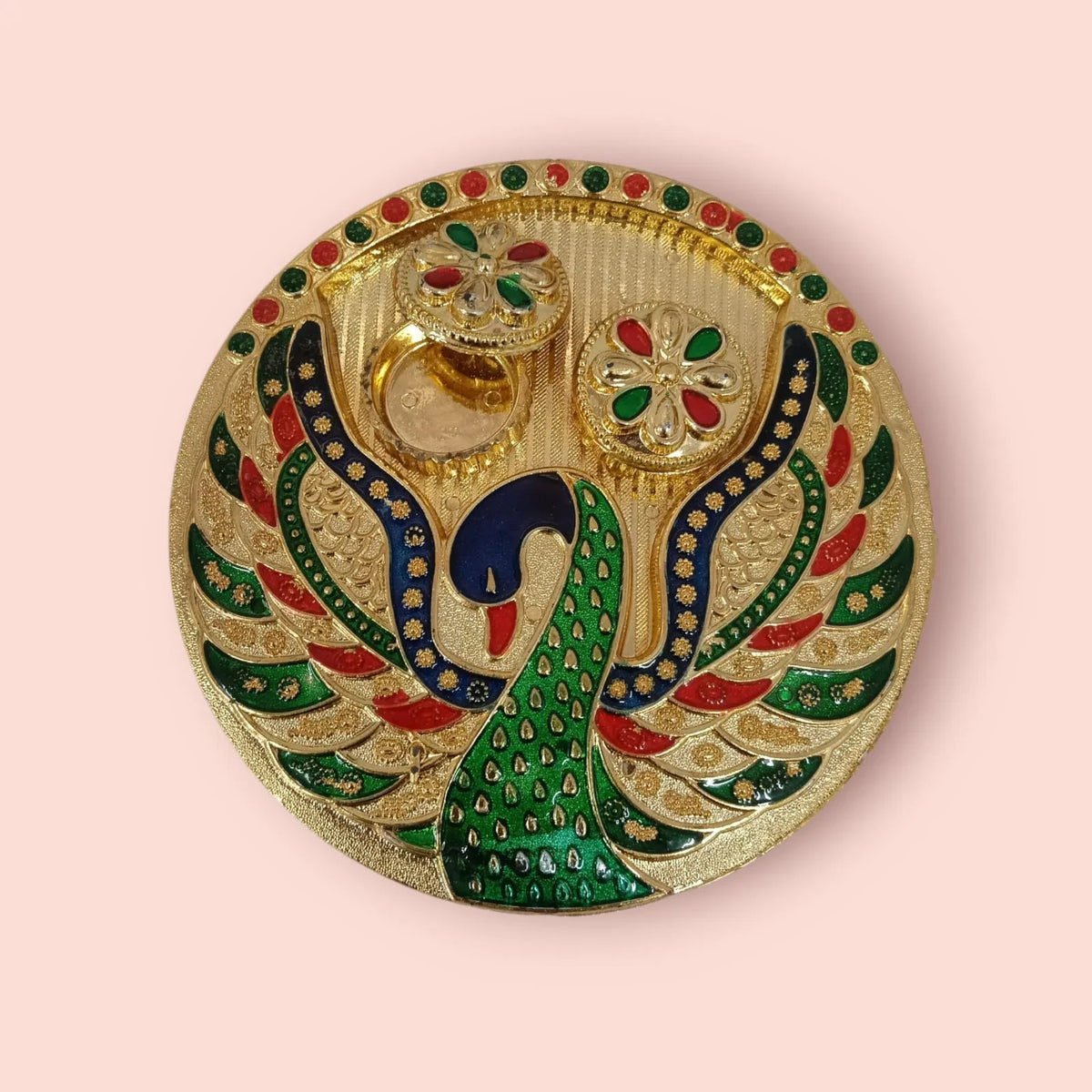 Traditional Handcrafted Gold Plated Plastic Thali Haldi kumkum Chandhan Holder Plate with Lid for Pooja {Random Design} - 11351