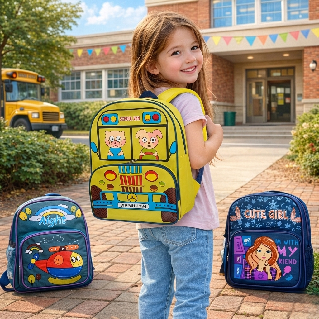 Cartoon Printed Bag for Kids {2 Compartment} Size=36*27*15 Cm {Random Color} - 20411