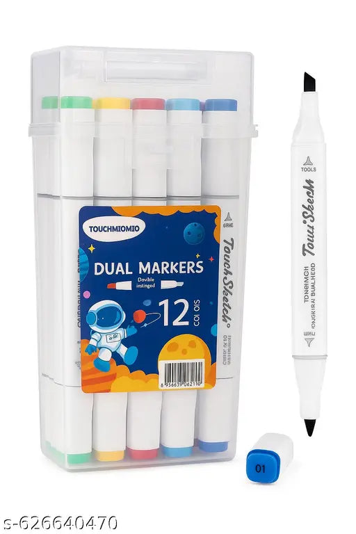 Dual Tip Marker Pens Set of 12 Colors | Fine & Broad Tip Alcohol-Based Art Markers | Professional Drawing, Sketching & Coloring Markers for Artists, Students & Designers - 20501