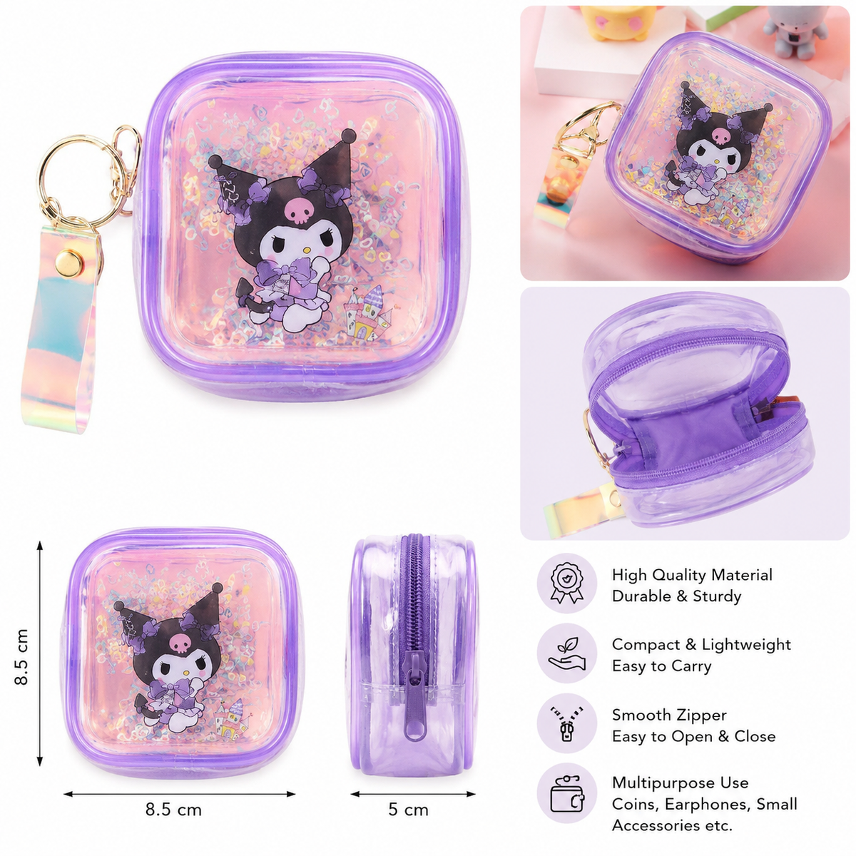 Transparent PVC Mini Coin Pouch with Keychain & Wrist Strap | Cute Cartoon Zipper Wallet | Portable Earbuds & Coin Case - 20919