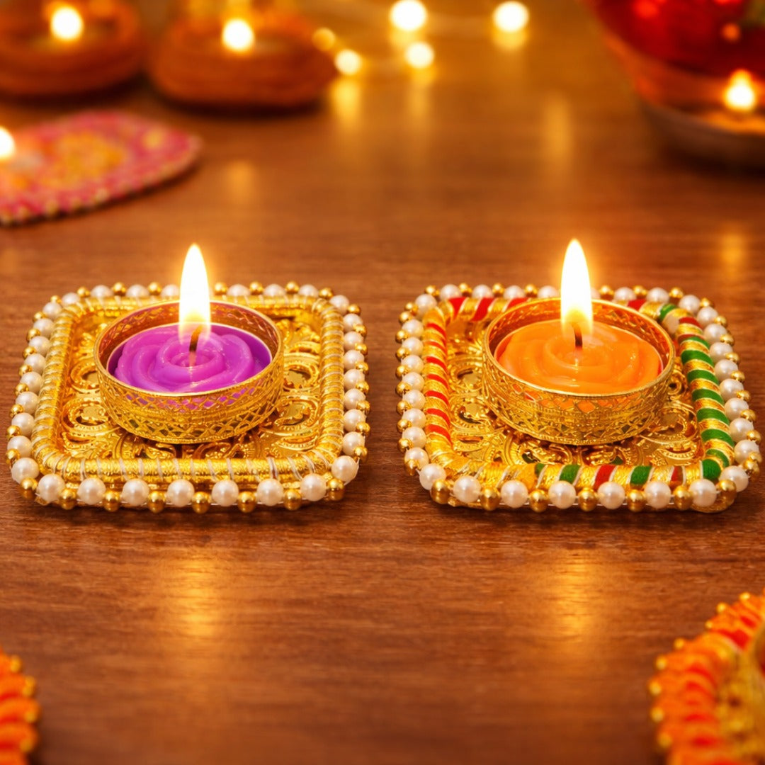 Traders Decorative Handmade Tealight Candle Holder with Candles for Home Decor, Diwali Decoration - 20445