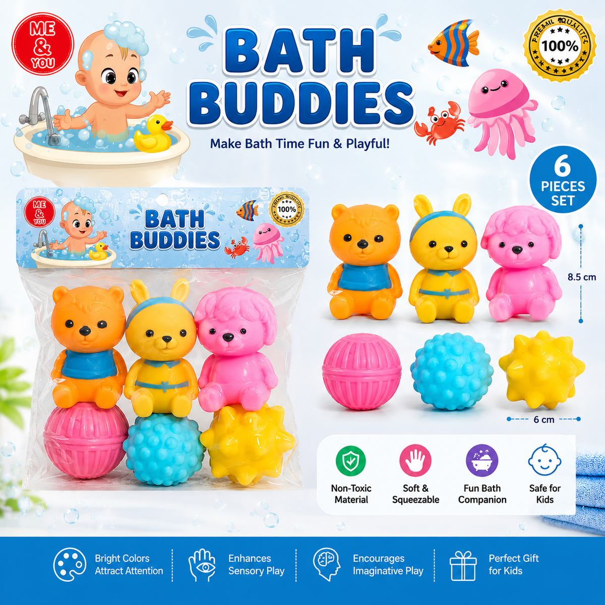 Baby Lovely ChuChu Toys Set – Soft Animal & Textured Balls Combo | Multicolor Bath Toy (Multicolor) - 20671