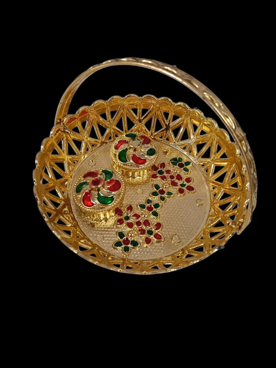 Haldi Kumkum Golden Basket Holder | All in one Gift for Women, Weddings, Pooja Functions - 11357