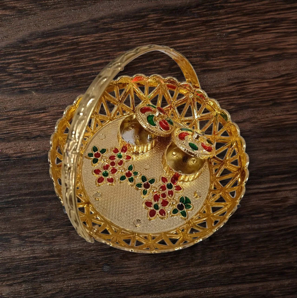 Haldi Kumkum Golden Basket Holder | All in one Gift for Women, Weddings, Pooja Functions - 11357