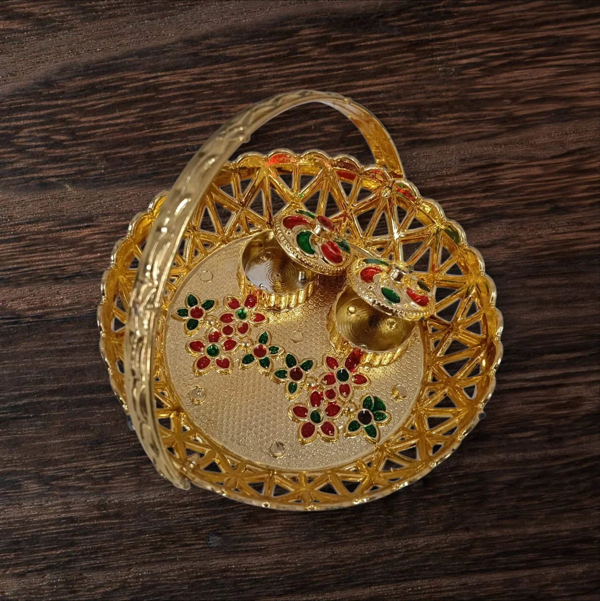 Haldi Kumkum Golden Basket Holder | All in one Gift for Women, Weddings, Pooja Functions - 11357