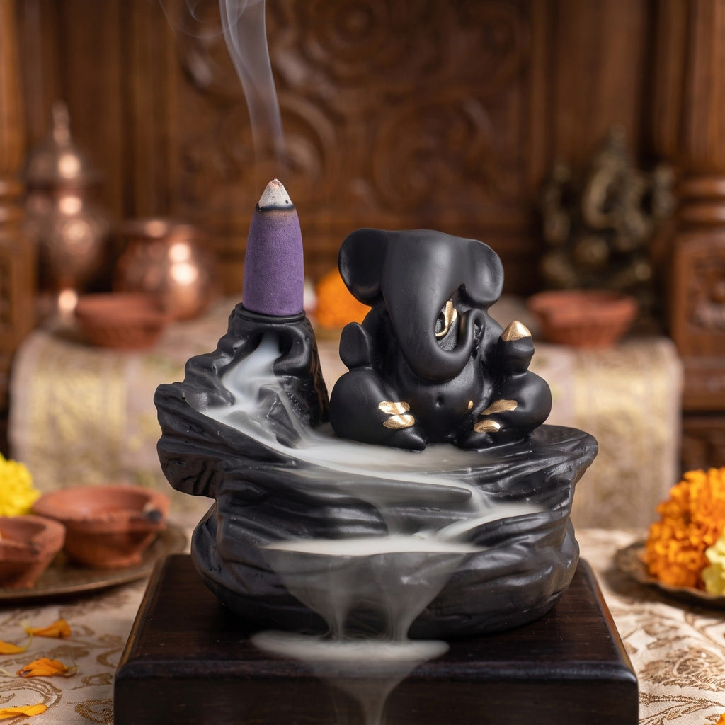 Smoke Fountain Ganesha Idol Decoration Items with 8 Pc Backflow Incense Cones Sticks - 21094