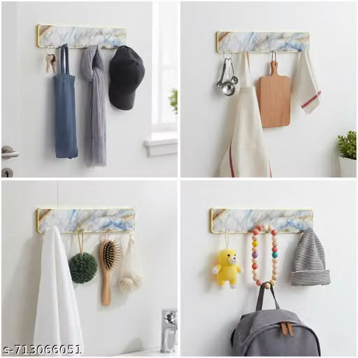 Wall Hanger Hooks for Hanging Clothes  Self Adhesive Strong Hanger Hooks | Printed 6 Hooks Wall Hanger for Kitchen Bathroom Bedroom Door Office - 21349