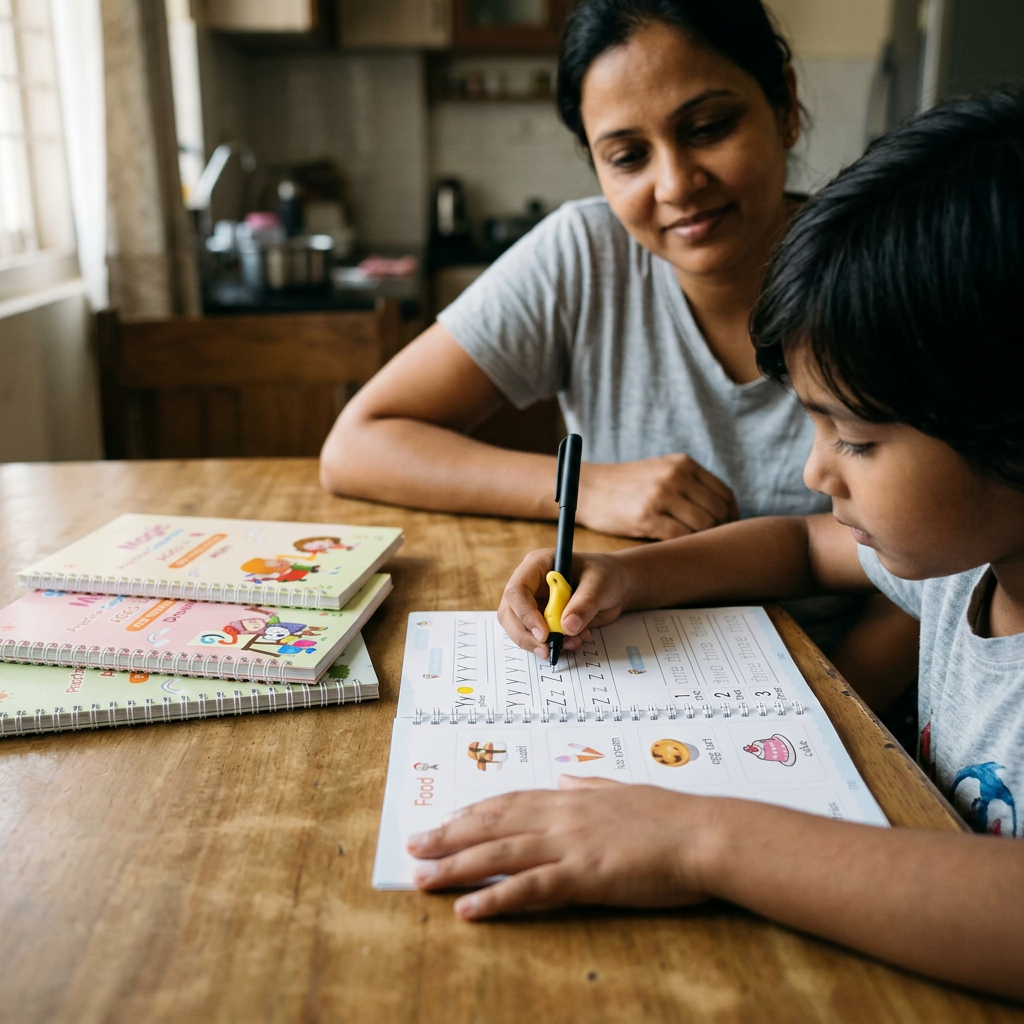 Copybook handwriting practice with a parent
