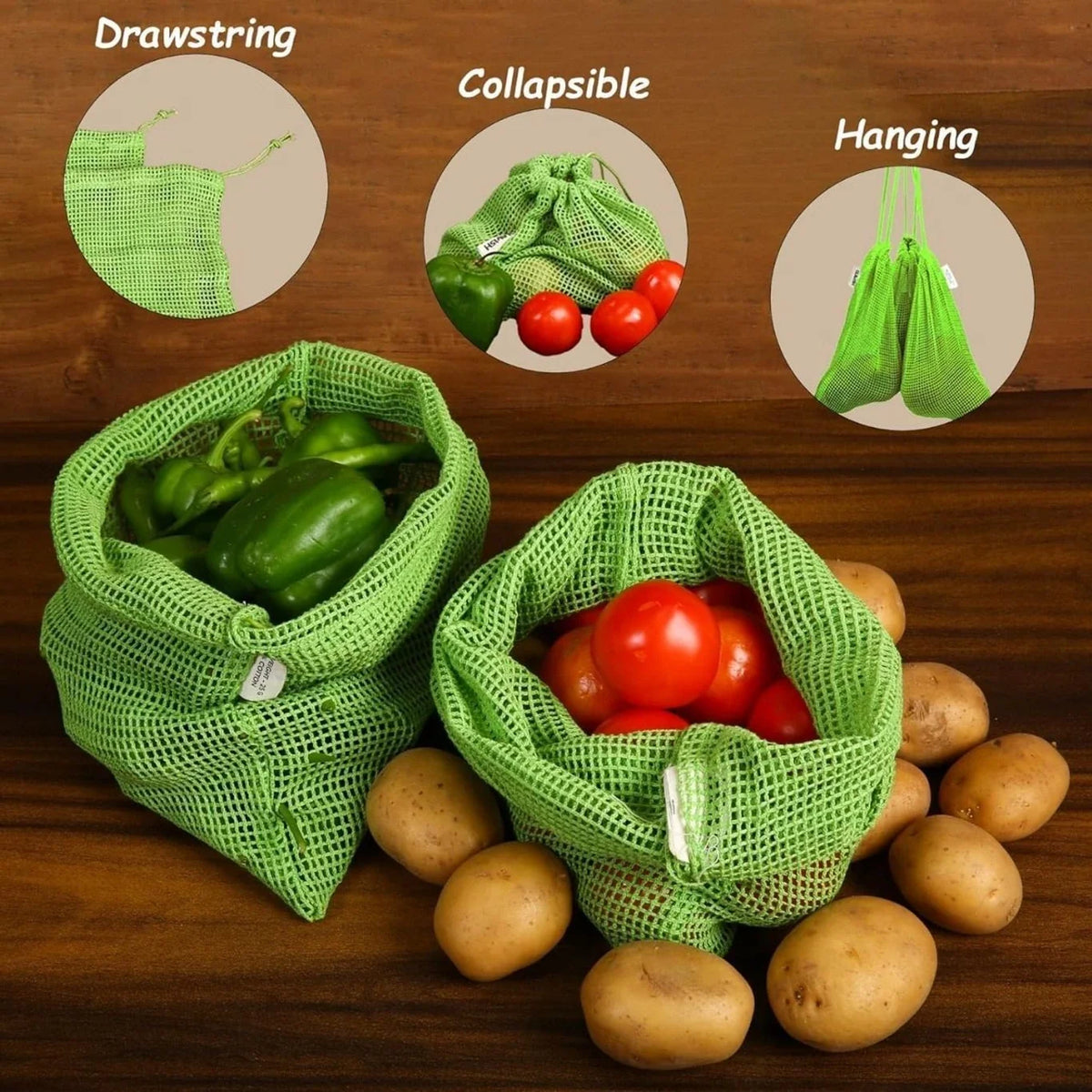 {Pack of 3} Vegetable Bag for Fridge |  fridge storage bags for Fruits & Vegetables | Green Color | 3 Sizes | Reusable | Plastic-Free - 20860
