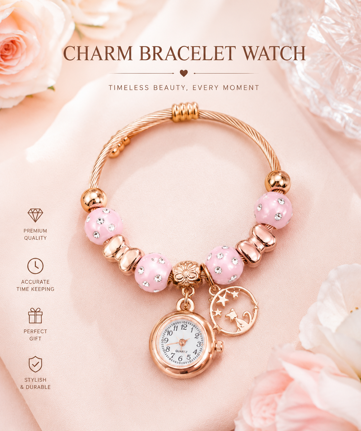 Bracelet Watch for Girls and Ladies | Gift Item| Golden steel Beaded Adjustable Quartz Watch Bangle Jewellery Friendship Bracelet {Random Design} - 20658